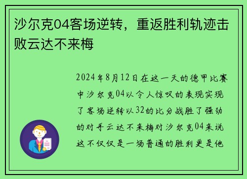 沙尔克04客场逆转，重返胜利轨迹击败云达不来梅